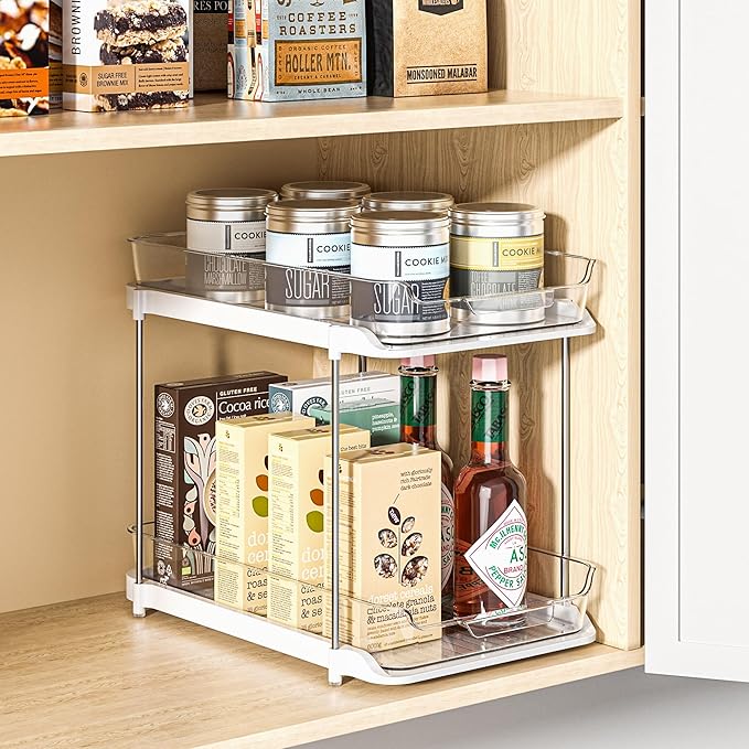 Delamu 2-Tier Bathroom Under Sink Organizers and Storage, Pull Out Cabinet Drawers with Anti-Slip Design, Multi-Purpose Storage for Kitchen, Pantry, Bathroom & Home Organization, Snowy, 1 Pack