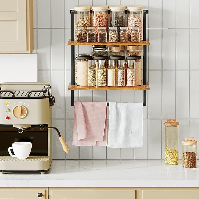 Wall Mounted Towel Rack for Bathroom, Bath Storage Holder 3-Tier Steel Wood Towel Shelf with Bar, Rustic Brown