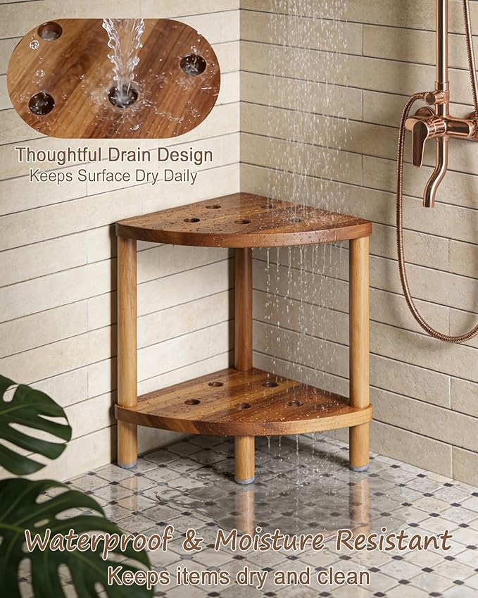 Bathroom Corner Shower Stool with Storage Shelf, Shower Foot Rest 15in, Wood Shower Stool for Shaving Legs, Waterproof Corner Shower Stool for Inside Small Shower Spaces, Acacia Wood