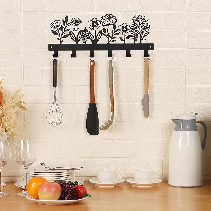 16 Inches Towel Rack Key Holder Wall Mounted with 6 Hooks, Black Metal Keychain Hanger for Entryway Front Door Hallway Mudroom, Waterproof Rustproof Kitchen Bathroom Organizer Home Decor