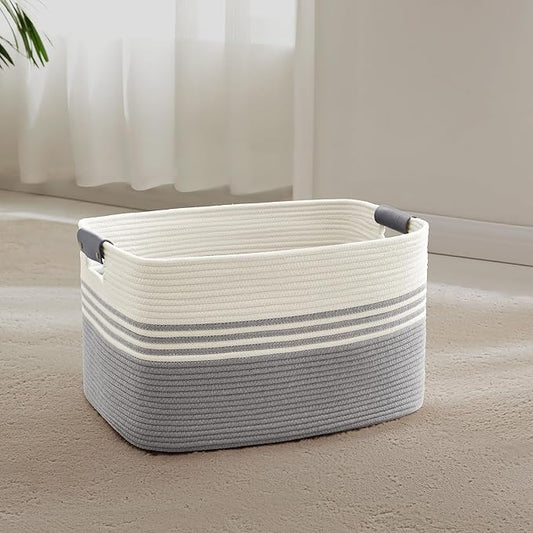 45L Small Laundry Basket with Leather Handles for Living Room Storage, Woven Rope Baskets Bin for Blanket, Kids Toy, Gifts, Wicker Hamper for Bedroom Dirty Clothes, 18"x14"x11" White Grey