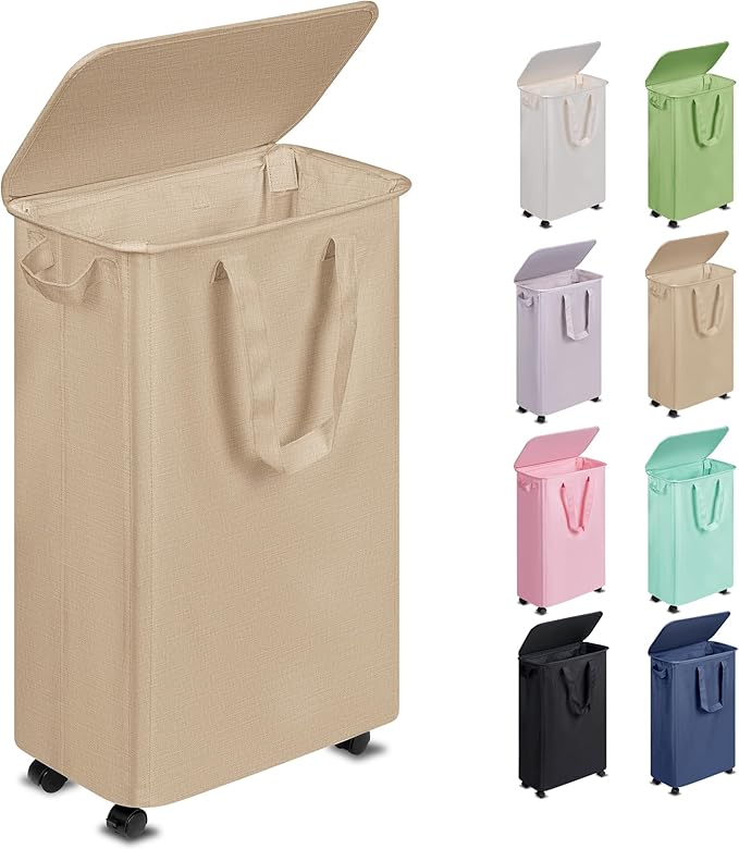 Vincona Slim Laundry Hamper with Lid and Wheels, Small Rolling Laundry Basket with Handle for Small Spaces, Tall Dirty Clothes Hampers for Dorm, Bathroom and Bedroom, 55L, Oatmeal