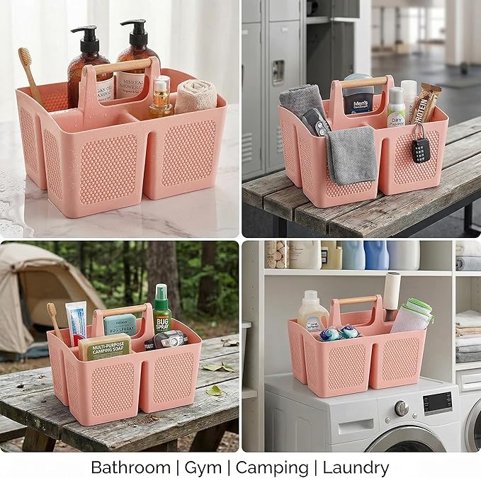 Haundry Portable Shower Caddy Basket with Handle, 3-Compartment Plastic Bathroom Organizer, Dorm Shower Basket for College Students, Quick Drain Storage Tote for Toiletries, Camping, Gym, RV