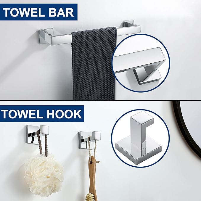 10 Pieces Bathroom Hardware Accessories Set Polished Chrome, Bathroom Towel Rack Set SUS304 Stainless Steel, Square Bath Towel bar Set Heavy Duty, Wall Mounted