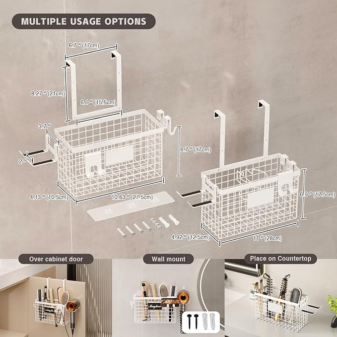 Magheo 2 Pack Hair Tool Organizer,Adhesive Hair Dryer Holder Cabinet Door/Wall Mounted Adjustable Height Blow Dryer Holder Under Sink Bathroom Hair Appliance Organizer and Storage Countertop(White)