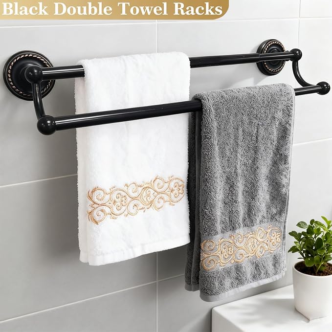 Double Towel Bar, Antique Brass Towel Racks for Bathroom Wall Mount, Adjustable Vintage Black Towel Bar 13.4"-24.8" Usable Bar Length, Heavy Duty Rustproof Bathroom Towel Rod Holder for Kitchen