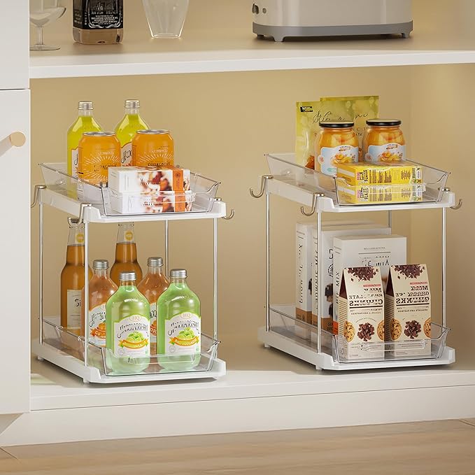 Delamu Under the Sink Organizer, 2-Tier Pull-Out Cabinet Drawers with Adjustable Shelf & Hooks, Under Sink Cabinet Organizer for Bathroom, Kitchen, Vanity & Every Household (White, 4 Pack)
