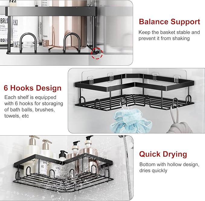 Liuoud Corner Shower Caddy 5 Pack, Rustproof Stainless Steel Shower Organizer with Soap Rack Toothbrush Holder, Large Capacity Adhesive No Drilling Bathroom Storage Decor Set, Black