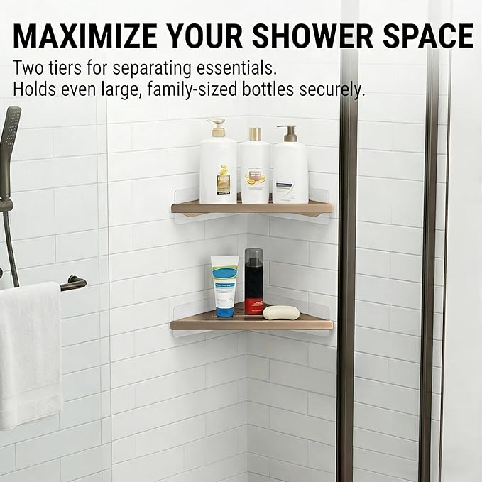 BVL Corner Shower Shelf, 8 Inch Champagne gold 2-PACK Bathroom Corner Organizer, Adhesive Wall Mounted Shower Caddy, Waterproof Rustproof Metal Storage Rack for Shampoo Soap
