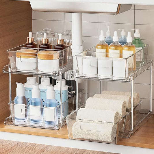 Fabspace Pull-out Home Organizer, 2 Pack 2 Tier Clear Bathroom Organizer with Dividers, Multipurpose Vanity Counter Tray, Kitchen, Closet Organizers, Cabinet & Storage Container Bins