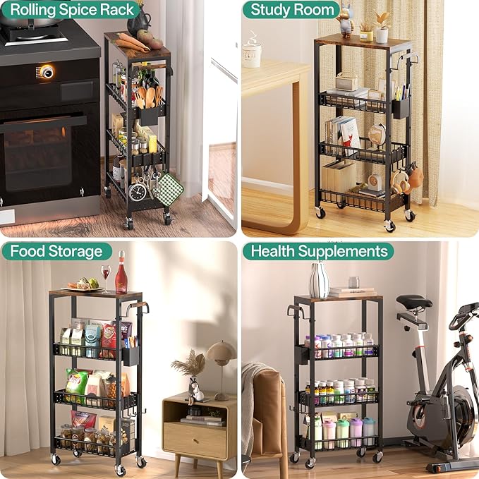 DTUQYX Slim Bathroom Storage Cart, 4 Tier Small Rolling Organizer Cabinet with Wood Top Handle, Mobile Shelving Unit Slide Out for Office, Kitchen, Laundry Room & Narrow Places (9.1" Overall Width)