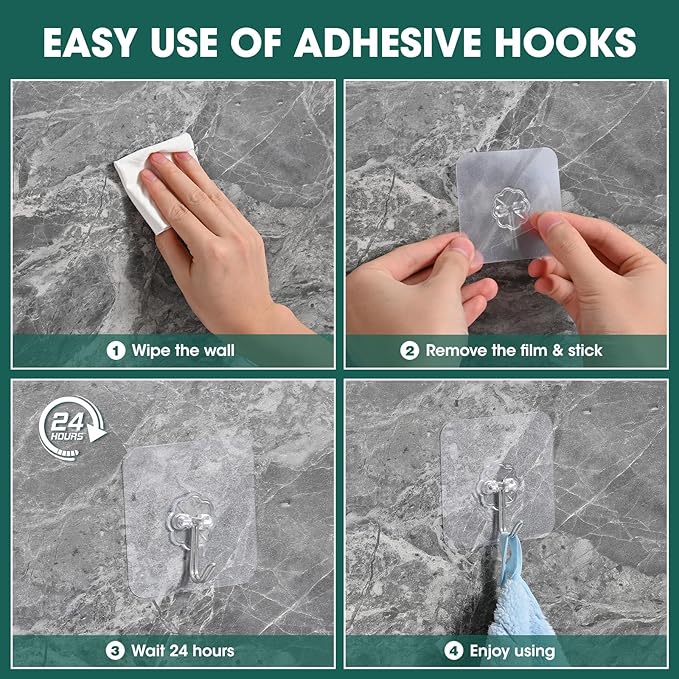 Adhesive Wall Hooks for Hanging Heavy Duty 22lb(Max) Hooks for Walls No Damage, Towel Sticky Clear Hooks, Waterproof, Home, Bathroom, Kitchen, Office, and Outdoor, Set of 12
