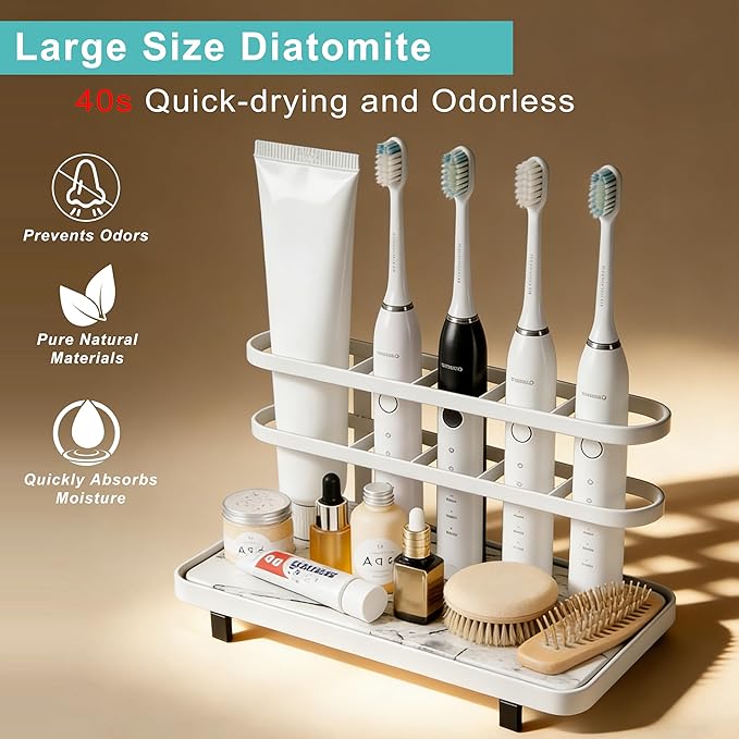 Diatomite Toothbrush Holders for Bathrooms, 5 Slots Electric Toothbrush Organizer with Instant Drying Stone, Toothpaste Holder and Storage for Countertop, Bathroom Counter Organizer White