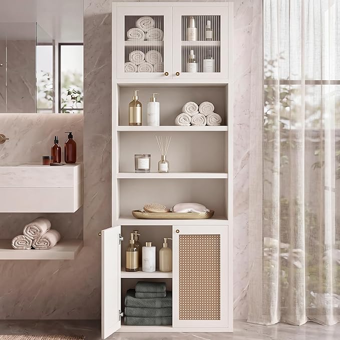 71.7" Tall Bathroom Storage Cabinet, Rattan Tall Freestanding Storage Cabinet with Doors, Adjustable Shelves and Anti-Tip Devices for Bathroom, Kitchen, Laundry Room, White