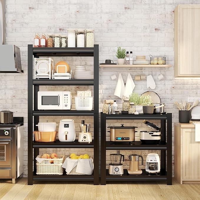 5 Tier Kitchen Stand, Adjustable Metal Storage Shelves, Heavy Duty Bakers Rack for Kitchen, Garage, Pantry, Basement, Laundry Room,for Spices, Pots, Rustic Brown, Black (77.4"Hx 35.4"W x13.7"D)