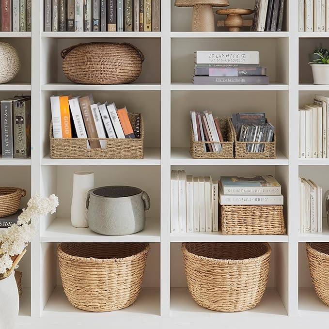 StorageWorks Seagrass Pantry Storage Baskets, Wicker Baskets with Built-in Handles, Handwoven Shelf Baskets for Organizing, Pantry Organizers and Storage, 3 Pack