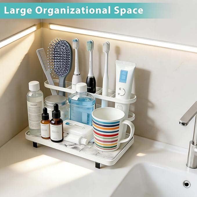 Diatomite Toothbrush Holders for Bathrooms, 5 Slots Electric Toothbrush Organizer with Instant Drying Stone, Toothpaste Holder and Storage for Countertop, Bathroom Counter Organizer White