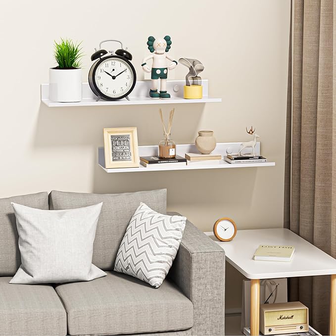 Wisfame Adhesive Floating Shelves, 15.7" Metal Bathroom Shelves for Wall Set of 2, Modern White Wall Shelf for Living Room, Bedroom Storage Display Decorative