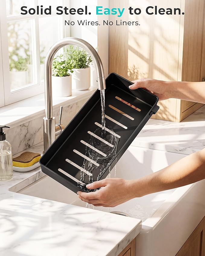 EVERIE Height Adjustable 2 Tier Metal Pull Out Slide Shelf Organizer for Under Sink Cabinets in Kitchen, Bathroom, with Snap-on Top Tray, 16" Deep (Black, 2 Sets) | Pull Out, Slide Shelf