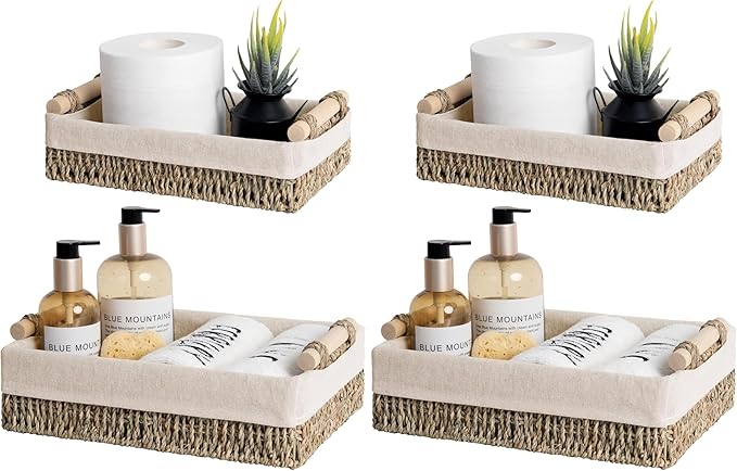 StorageWorks Small Seagrass Baskets for Organizing, Wicker Basket for Organizer, Storage Baskets with Wooden Handles and Natural Fiber Liner, Set of 2 (Pack of 2)
