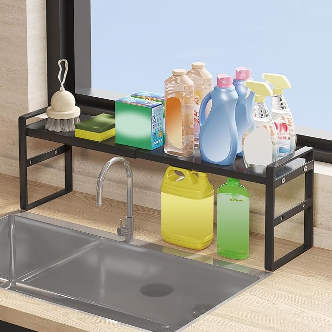 1pc Small Narrow Tall Shelf for Windowsill Kitchen Organizer Stackable Shelves Bathroom Sill Thin Shelves for Narrow Spaces Counter Top Racks (Black, L13.8-23.6'' * W5.9'' * H7.2'')