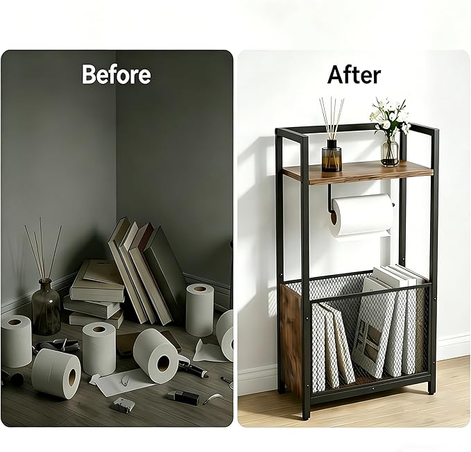 Toilet Paper Holder Stand, Free Standing Toilet Paper Stand with Metal Mesh Basket, Freestanding Toilet Paper Holder with Storage for Bathroom Tissue Roll Holder, Magazines, Wipes, Black