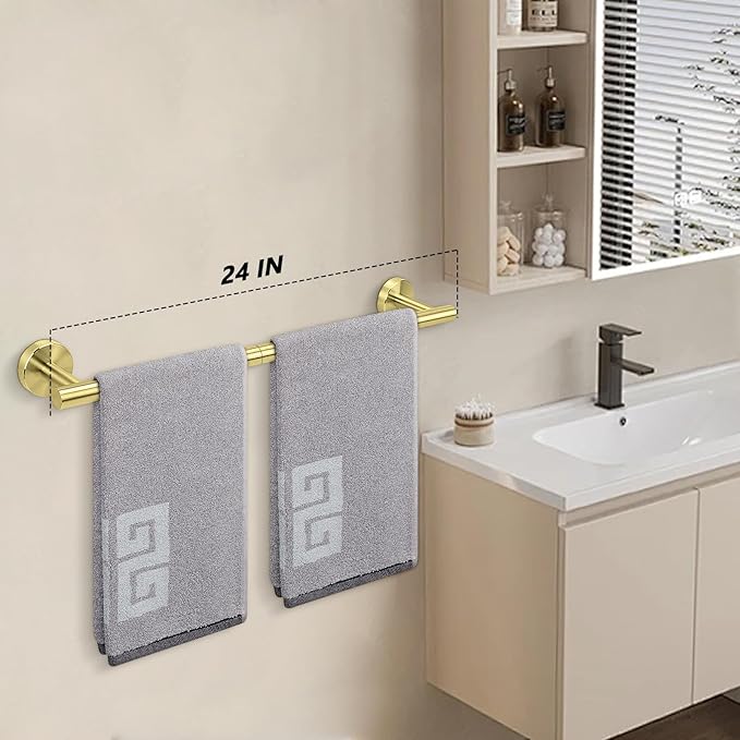 NearMoon Bath Towel Bar, Thicken Stainless Steel Shower Towel Rack Holder Wall Mounted for Bathroom, 24-lnch Overall Length-21-lnch Usable Hanging Space (1 Pack, Brushed Gold)