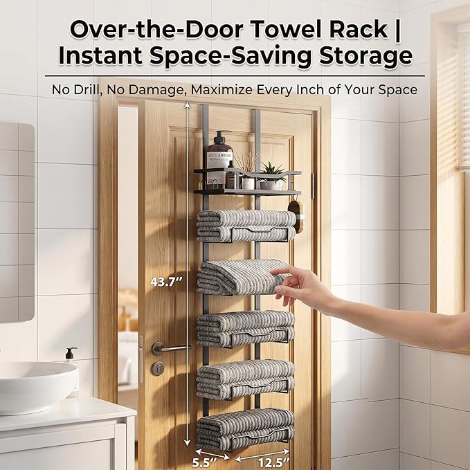 CTESNE【No Drill - 6-Tier】 Towel Racks for Bathroom The Door Bath Towel Storage Organizer for Small Bathrooms - Tiered Back of Door Towel Holder Hanger for Rolled Towels RV Camper(Black)