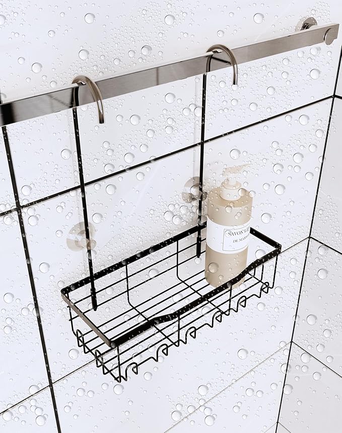 Slizy Hanging Shower Rack, Black Bathroom Storage Rack, Bathroom Door Organizer, Hanging Shower Basket, Shampoo Holder, No Drilling Required, Organizes Essentials, Black(Black Single-tier Shelf)