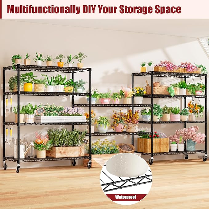 PrimeZone 4 Packs 48" W x 24" D x 81" H Heavy Duty Wire Storage Shelves with Wheels, 5 Tier Adjustable NSF Certified Garage Shelving Unit, Rolling Metal Organizer Shelf Rack for Warehouse, Restaurant