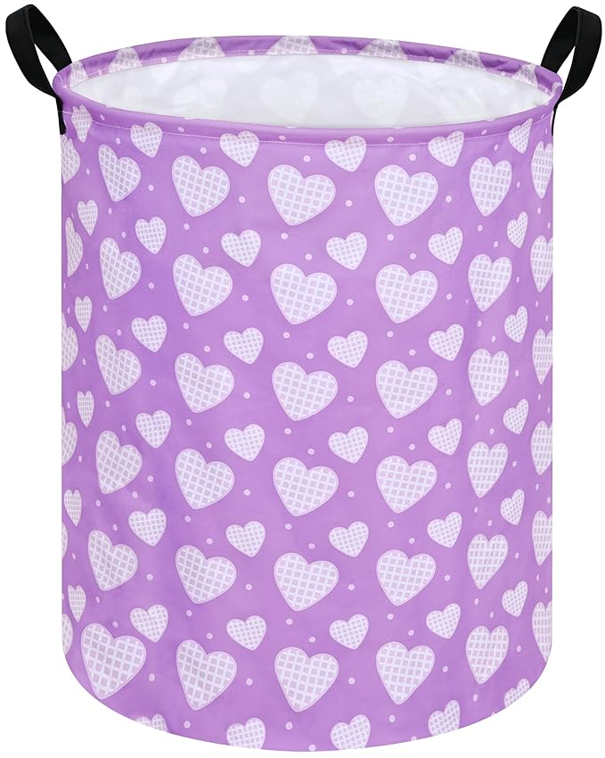 19.7 Inch Round Purple Love Laundry Hamper Laundry Basket Fabric Storage Hamper Organization Basket, Storage Bin, Toy Box,Valentine's Day Gift Basket with Handles for Room