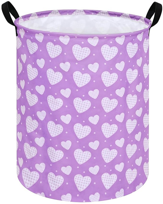 19.7 Inch Round Purple Love Laundry Hamper Laundry Basket Fabric Storage Hamper Organization Basket, Storage Bin, Toy Box,Valentine's Day Gift Basket with Handles for Room
