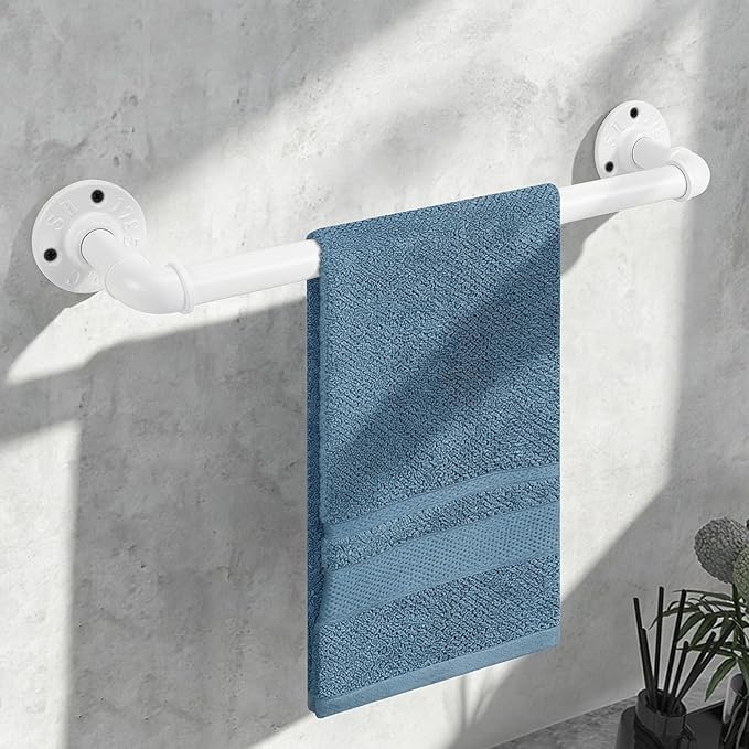 Industrial Pipe Towel Rack Towel Bar, Heavy Duty Wall Mounted Rustic Farmhouse Bath Towel Holder for Bathroom (White, 16 inch)