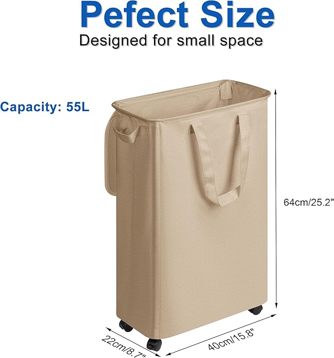 Vincona Slim Laundry Hamper with Lid and Wheels, Small Rolling Laundry Basket with Handle for Small Spaces, Tall Dirty Clothes Hampers for Dorm, Bathroom and Bedroom, 55L, Oatmeal