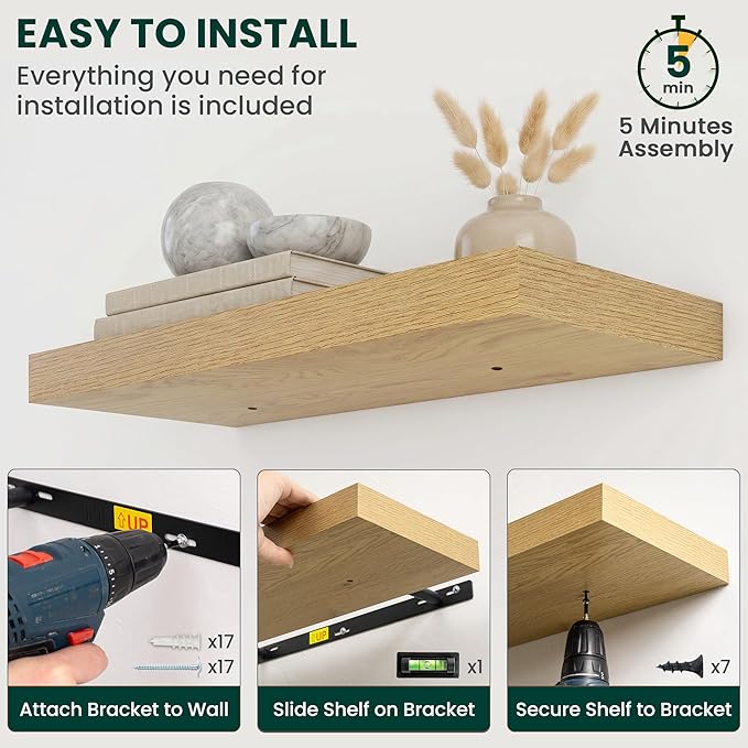 Floating Shelves for Wall 55 in x 9.3 in Deep, Wall Mounted Rustic Wood Shelf with Invisible Brackets for Storage & Display, Living Room Bedroom Bathroom, Oak, 1 Pack
