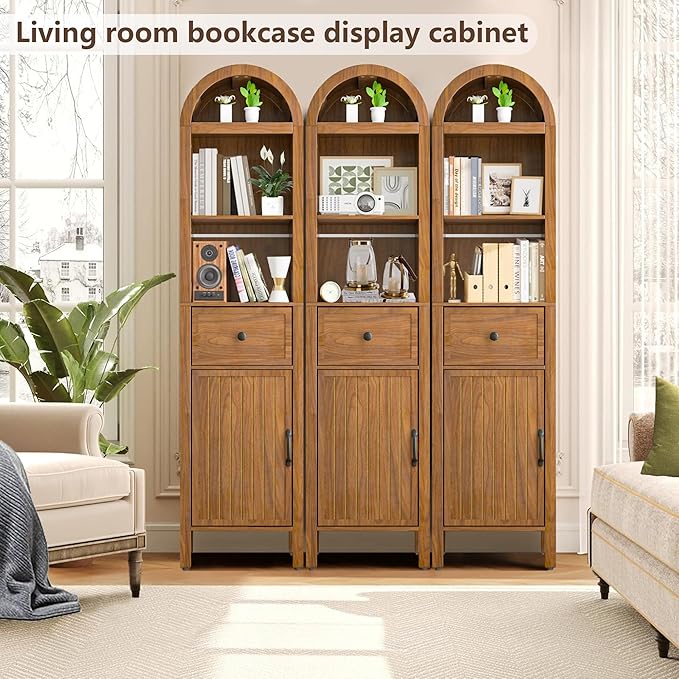 Lxsxlome 64" Tall Bathroom Storage Cabinet with Adjustable Shelves,Tall Narrow Arched Freestanding Tower Cabinet with Fluted Doors and Drawers,Space Saving Organizer for Bathroom Living Room (Walnut)