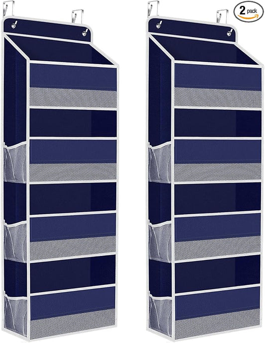 SpaceHacks 2 Pack Over The Door Organizer, Hanging Storage Organizer with Clear Window, 40lb Ultra Sturdy Large Capacity Room Organizer for Pantry Laundry Bathroom Nursery Closet (Blue)