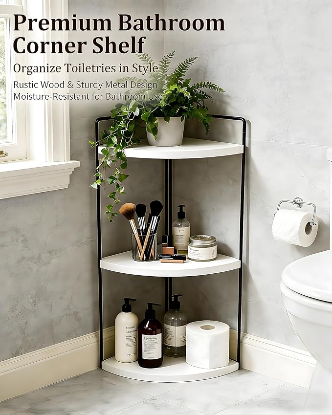 3-Tier Corner Bathroom Countertop Organizer, Solid Pine Wood Vanity Corner Shelf for Skincare & Makeup, Waterproof Standing Rack for Bathroom, Vanity, Kitchen & Dresser, Large 15.7"H, White