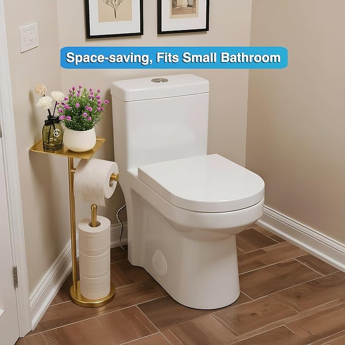 Gold Toilet Paper Holder with Shelf, Freestanding Tissue Holder Stand with Storage Space for Extra 4 Toilet Paper Rolls (Stainless Steel Base, Gold)