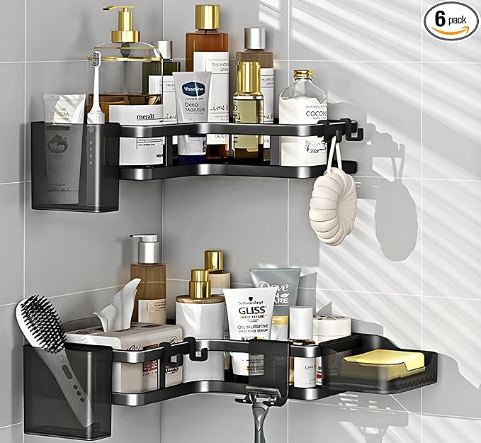 Adhesive Corner Shower Caddy Hanging - 6 Pack Rustproof Stainless Steel Corner Shelves Large Capacity Shower Organizer, Shower Caddy With Bathroom Accessories (BLACK)