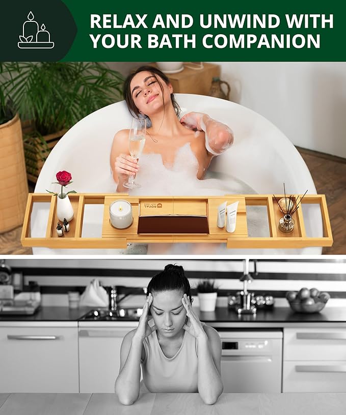 ROYAL CRAFT WOOD Premium Foldable Bathtub Tray Caddy - Wood Bath Tray for Tub, Bamboo Shelf, Expandable Bath Table Trays, Bathtub & Bathroom Accessories for New Home & Mothers, Birthday Gifts for Mom