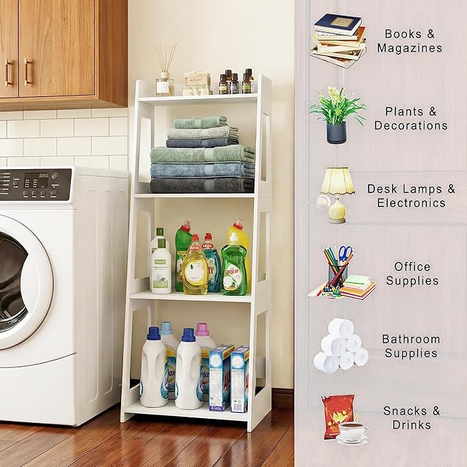 4-Tier Ladder Shelf, White Bathroom Shelves Freestanding Open Shelving Unit Bookshelf, Side End Table for Living Room Kitchen Bathroom(11.8”D x 15.7”W x 38.6”H)
