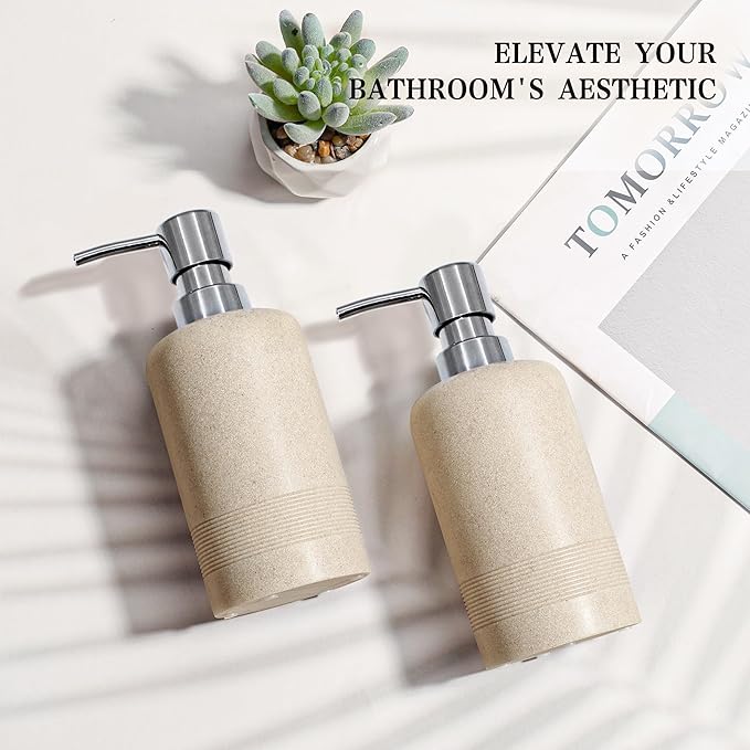 YMXYJM Resin Soap Dispenser Sets, 2 Pcs Heavy Lotion Dispensers,10.8oz Refillable Liquid Soap Dispensers with Rust-Proof Pump for Bathroom Countertop or Kitchen, Stone Beige