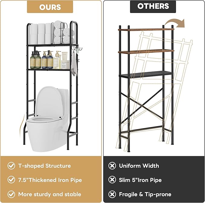 Jautokerdar Over-the-Toilet Storage Rack – Metal Towel Storage with Removable Dividers, Adjustable Shelf & Hooks, Black Over the Toilet Storage Organizer, Over Toilet Shelves for Towels & Toiletries