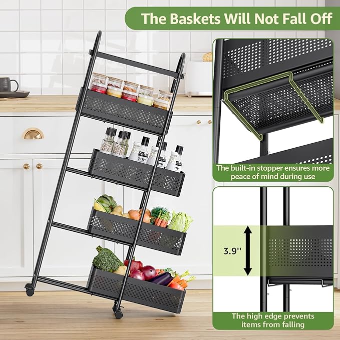 5-Tier Slim Storage Cart with Drawer, Rolling Utility Cart on Wheels, Narrow Metal Cart for Space Save, Lockable Wheels, Easy Assembly for Kitchen Cart, Craft Cart, Nursery Organizer, Laundry