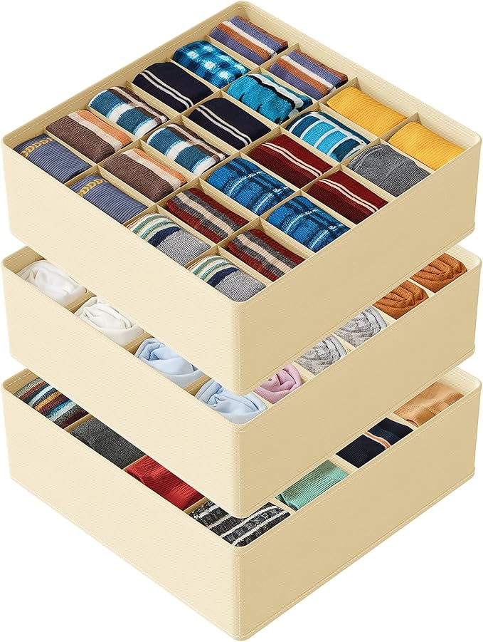 SpaceAid Sock Drawer Organizer Divider 3 Pack, 64 Cell Dresser Closet Nursery Underwear Organizers Storage Bins for Organizing Socks Underwear Ties Belts (Beige)