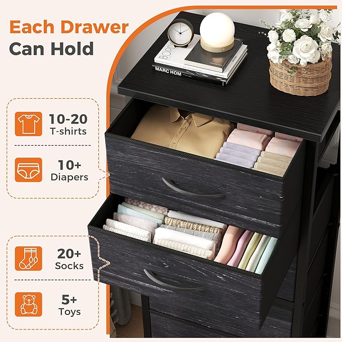 Sweetcrispy Tall Fabric Dresser for Bedroom, 6 Drawer Skinny Chest of Drawers, Narrow Storage Tower with Wood Top and Metal Frame,Bedroom Organization Furniture, Black Wood Grain
