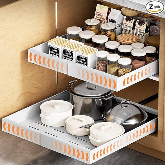 2 Pack Pull out Cabinet Organizer Expandable Width(12"-20") and 21"Depth, No Drill Adjustable Slide Out Drawers for Kitchen, Cabinets With 3 Slide Rails,Magnetic Panel, Adhesive Roll out Shelves