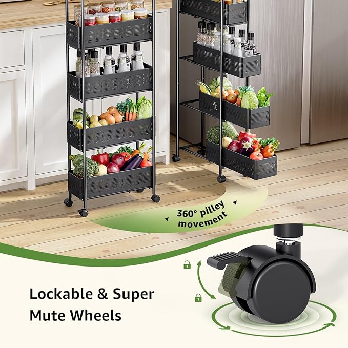 5-Tier Slim Storage Cart with Drawer, Rolling Utility Cart on Wheels, Narrow Metal Cart for Space Save, Lockable Wheels, Easy Assembly for Kitchen Cart, Craft Cart, Nursery Organizer, Laundry