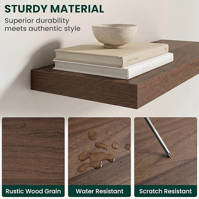 Floating Shelves for Wall 72 in x 9.3 in Deep, Wall Mounted Rustic Wood Shelf with Invisible Brackets for Storage & Display, Living Room Bedroom Bathroom, Walnut, 1 Pack